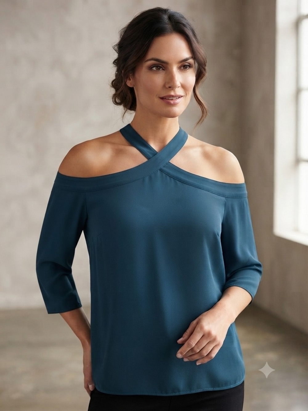 2/$15 Reitmans Teal Cold-Shoulder Crisscross Neck Blouse